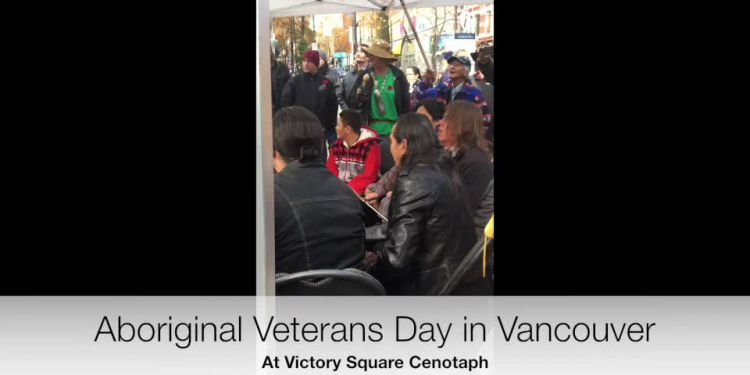 November 8 saw the thirteenth annual Aboriginal Veterans Day ceremonies at Victory Square’s cenotaph. To the drummers’ beat, with a traditional honour song as a recessional, dignitaries depart at the ceremonies’ end.