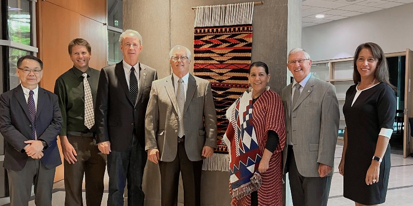 Hand-woven blanket by Debra Sparrow installed at city hall